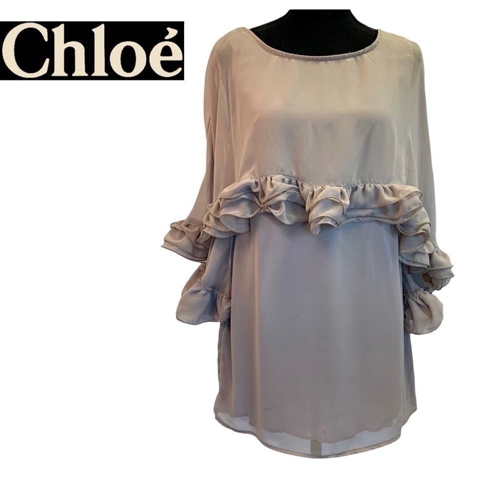 Chloe vintage taupe silk draped ruffle frill lined designer blouse size …